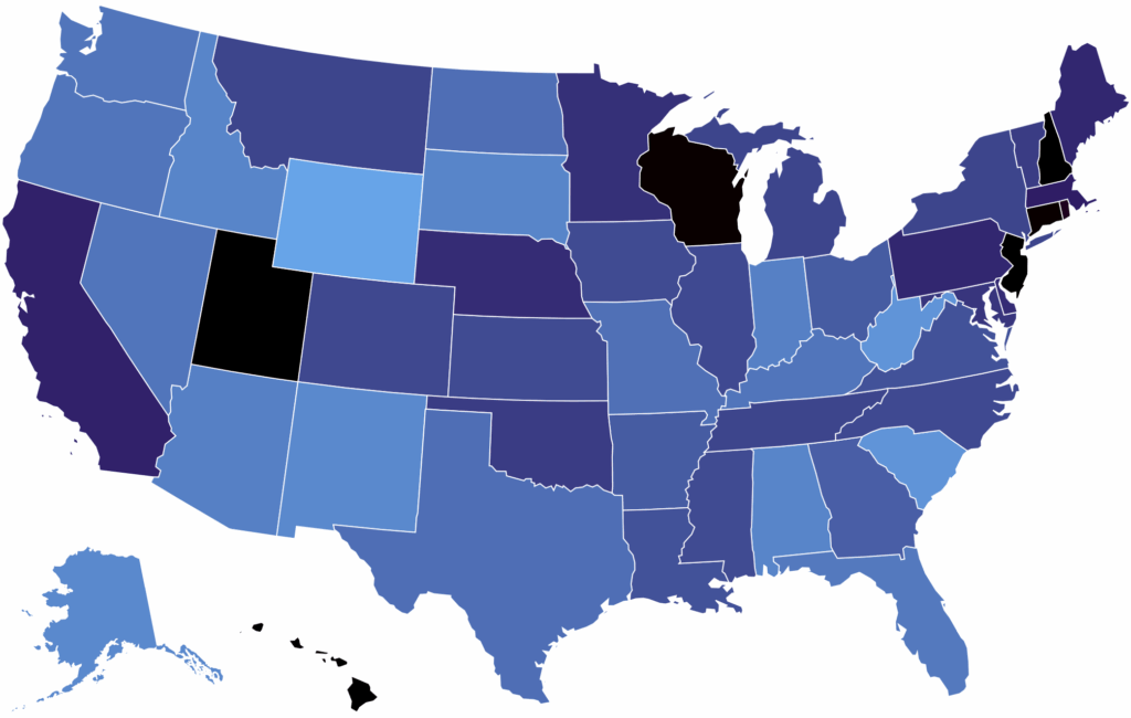 A map of the U.S. with varying shades of blue depicting rates of incarceration for each state broken out by race, ethnicity, and gender. Some of the darkest areas of the map are Wisconsin, Utah, New Hampshire, New Jersey, and Connecticut.