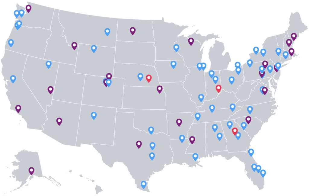A map of the United States with pins showing 80 facilities in the US. that have 100 beds or more.